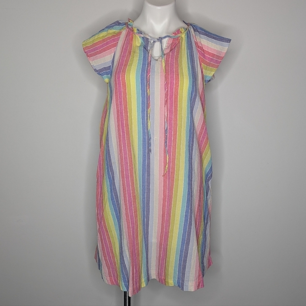 Draper James Colorful Rainbow Striped Cap Sleeve Tie Neck Knee Length Dress XS